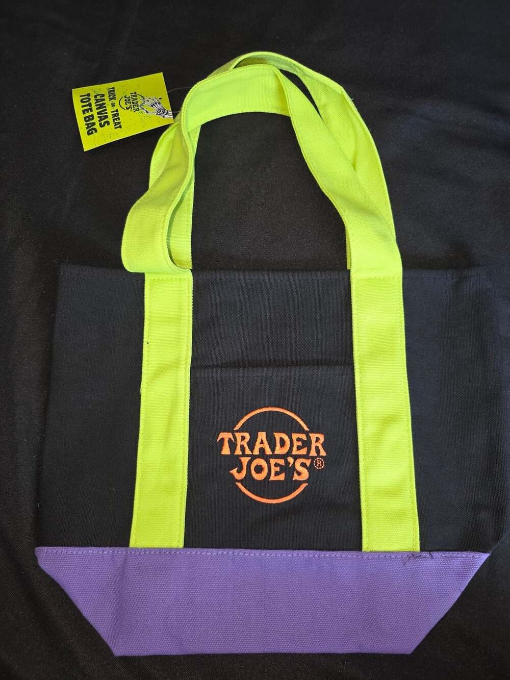 Trader Joe's Trick-or-Treat Canvas Tote Bag Black Neon Green Purple